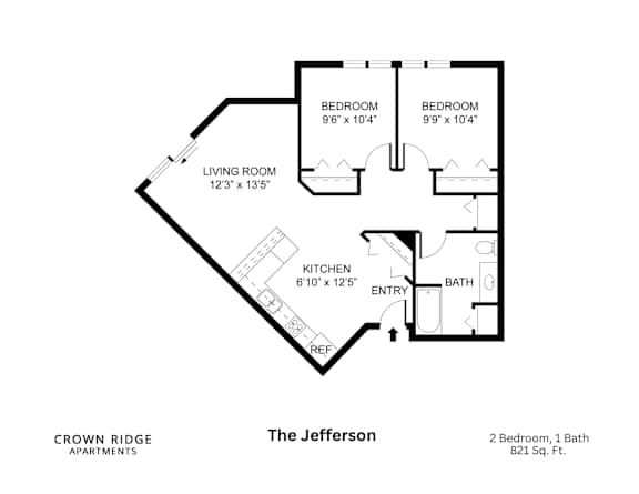 Floor Plan  A black and white image of a floor plan for a 2 bedroom, 1 bath apartment.