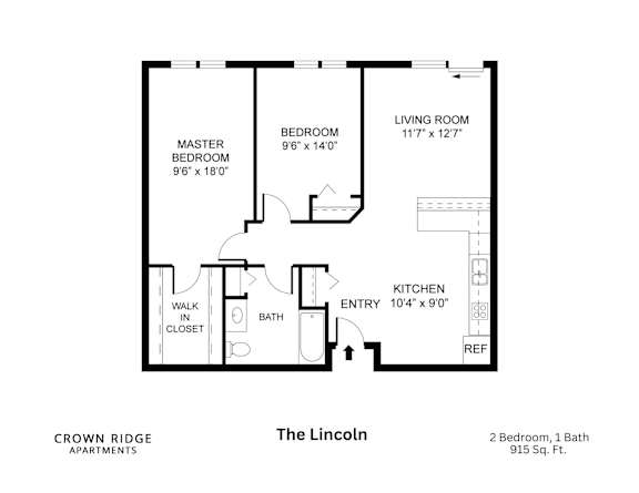 Floor Plan  A black and white image of a floor plan for a apartment named The Lincoln.