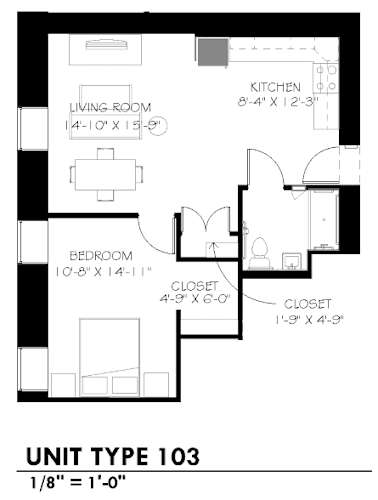 Floor Plan  A floor plan for a Unit Type 103 shows a living room, kitchen, bedroom, and closet layout.