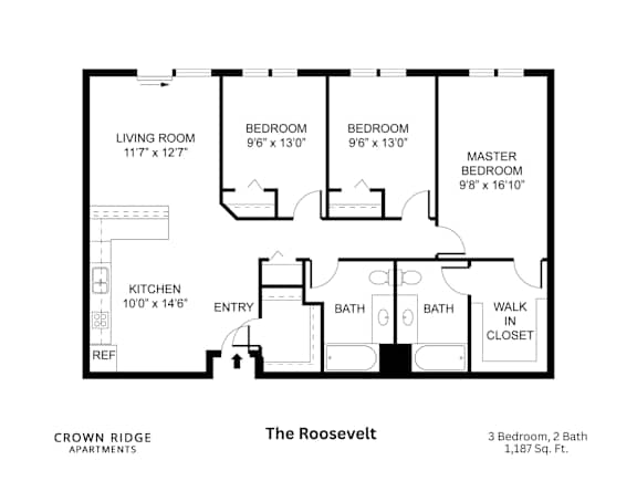Floor Plan  A black and white image of a floor plan for a three bedroom apartment.