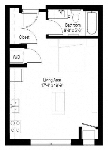 Floor Plan  A floor plan of a small apartment with a living area and bathroom.