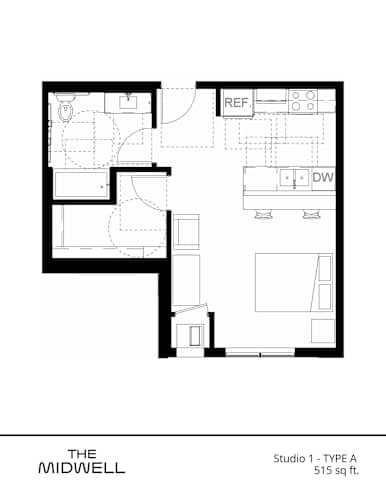 Floor Plan  A black and white drawing of a floor plan for a studio apartment.