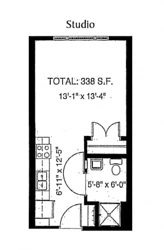Floor Plan  A black and white floor plan for the studio apartment