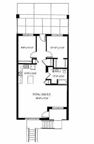 Floor Plan  A black and white floorplan for a two bedroom apartment at 653 Artist Lofts