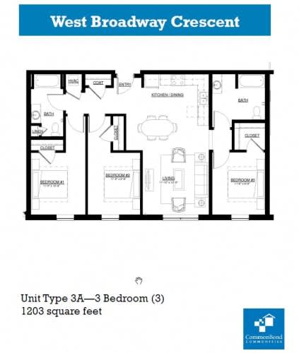 Floor Plan  A floor plan for a 3 bedroom apartment at West Broadway Crescent.
