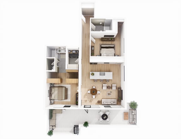 Floor Plan  A white floor plan of a house with a kitchen, living room, and bathroom.