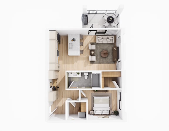 Floor Plan  A top-down view of a small, modern kitchen and living room.