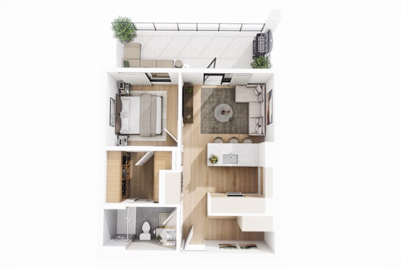 Floor Plan  A top-down view of a small apartment with a kitchen, living room, and bathroom.