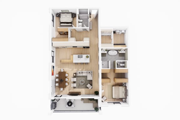 Floor Plan  A floor plan of a two-story apartment with a living room, kitchen, and bedrooms.