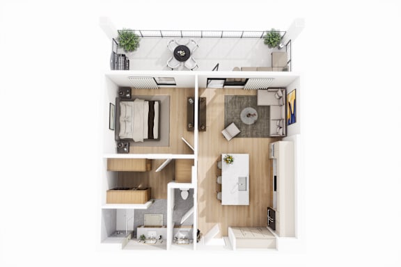 Floor Plan  A top down view of a small apartment with a kitchen, living room, and bathroom.