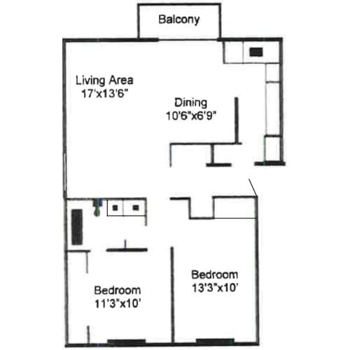 Floor Plan  the floor plan of a small house with a kitchen and a living area