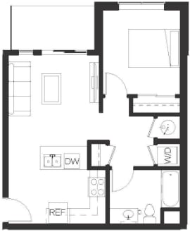 Floor Plan  the floor plan of a small apartment with a bedroom and a living room