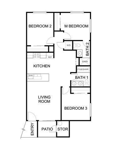Floor Plan  3 Bedroom Floor Plan at Cedar Park Apartments, Chico, CA, 95926