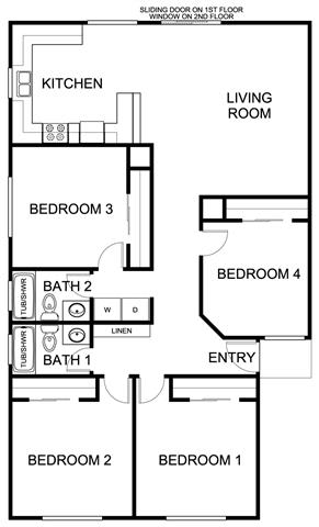 Floor Plan  4 Bedroom Floor Plan at Cedar Park Apartments, Chico, CA