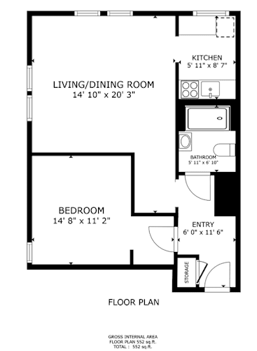 Floor Plan  A floor plan of a small apartment with a living/dining room, kitchen, bathroom, and bedroom.