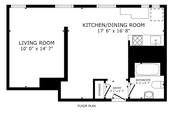 Floor Plan  A floor plan shows a living room, a kitchen/dining room, and a bathroom.