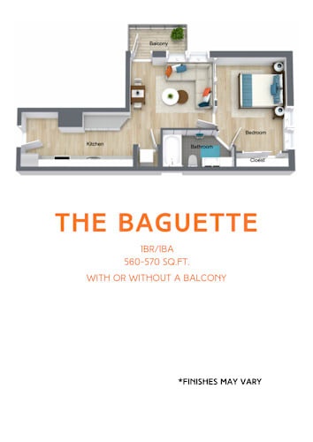 Floor Plan  A floor plan of a baguette apartment with a kitchen, bathroom, and closet.