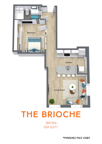 Floor Plan  A floor plan of a one bedroom apartment with a living room and kitchen.