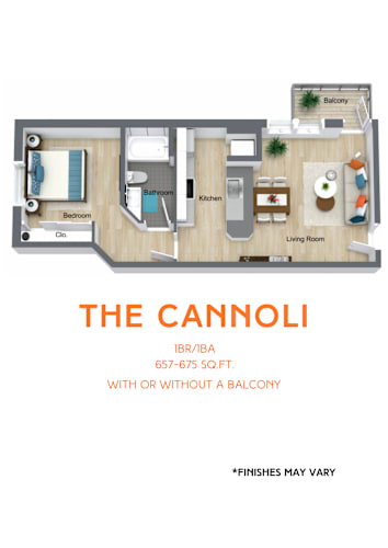 Floor Plan  A floor plan of a one bedroom apartment with a balcony.