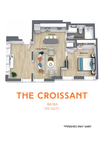 Floor Plan  A floor plan of a one bedroom apartment with a living room, kitchen, bathroom and bedroom.