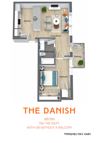 Floor Plan  A floor plan of a one bedroom apartment with a living room, kitchen, bathroom, and balcony.