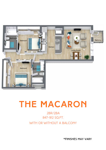 Floor Plan  A floor plan of a 2BR/2BA apartment with a living room, two bedrooms, a balcony, and a kitchen.