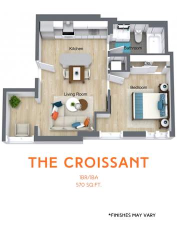 Floor Plan  A floor plan of a one bedroom apartment with a living room, kitchen and bathroom.
