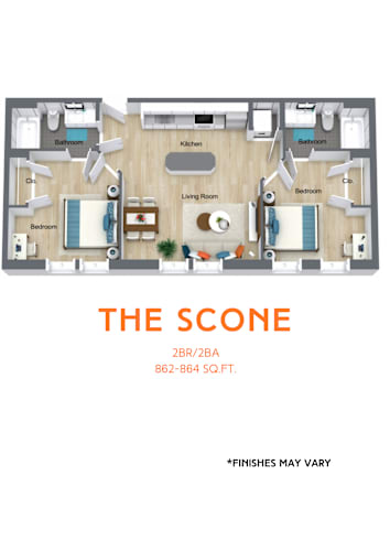 Floor Plan  A floor plan of a two bedroom, two bathroom apartment.
