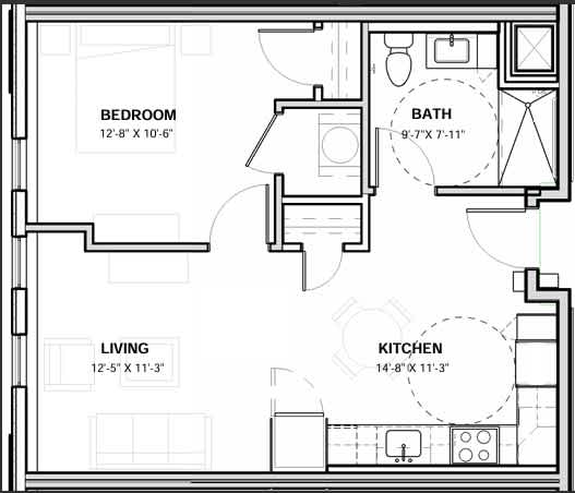 Floor Plan  A black and white image of a floor plan for a small apartment.
