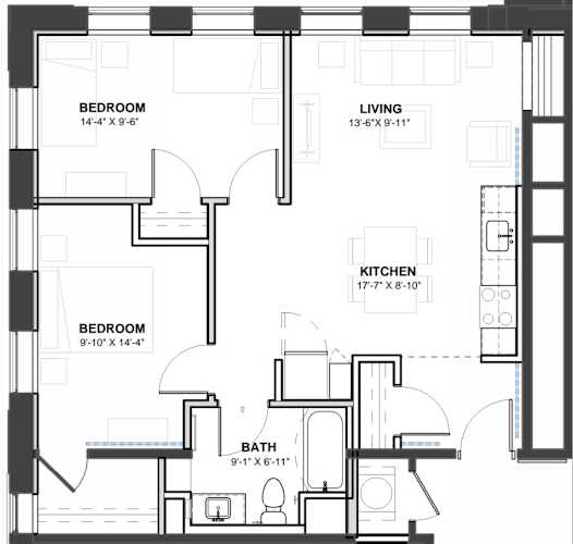 Floor Plan  A black and white image of a floor plan for a home with a living room, kitchen, and two bedrooms.