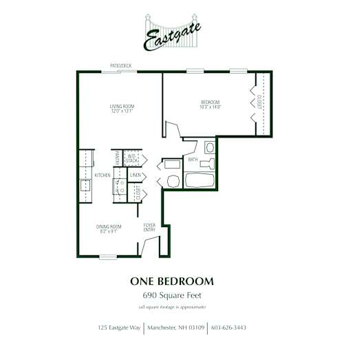 Floor Plan  A floor plan for a one bedroom apartment at Eastgate.