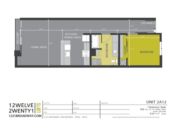 Floor Plan  2A12 floor plan at 1221 Broadway Lofts, San Antonio, TX, Texas