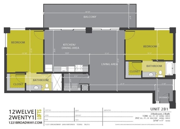Floor Plan  2B1 floor plan at 1221 Broadway Lofts, San Antonio, Texas