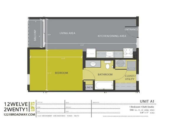 Floor Plan  A1 floor plan at 1221 Broadway Lofts, San Antonio, TX, 78215
