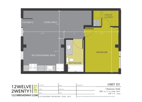 Floor Plan  D1 floor plan at 1221 Broadway Lofts, San Antonio, Texas
