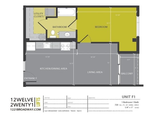 Floor Plan  F1 floor plan at 1221 Broadway Lofts, San Antonio, TX, Texas