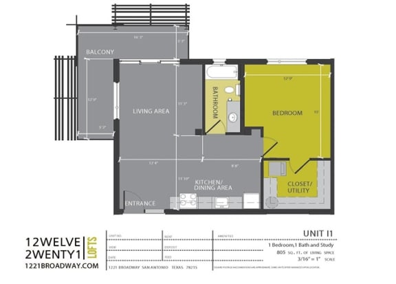 Floor Plan  I1 floor plan at 1221 Broadway Lofts, San Antonio, Texas