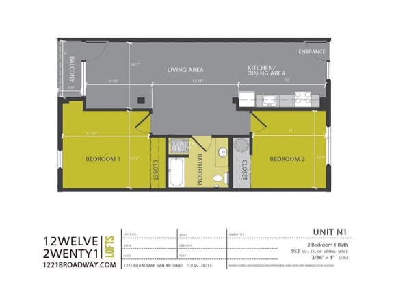 Floor Plan  N1 floor plan at 1221 Broadway Lofts, San Antonio, 78215