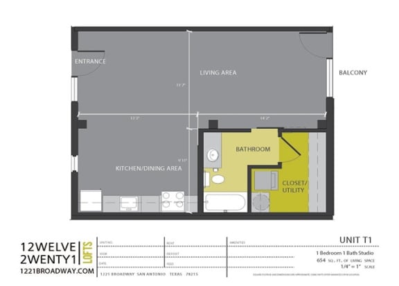 Floor Plan  T1 floor plan at 1221 Broadway Lofts, Texas, 78215