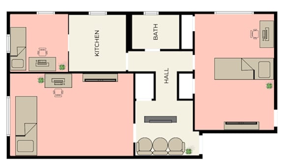 Floor Plan  A floor plan of a house with a kitchen, bath, and hall.