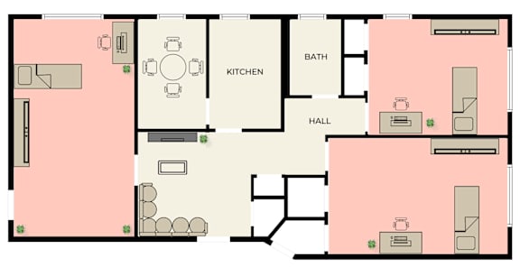 Floor Plan  A floor plan of a house with a kitchen, bath, and hall.