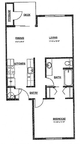 Floor Plan  A floor plan of a small apartment with a bedroom, kitchen, and living room.