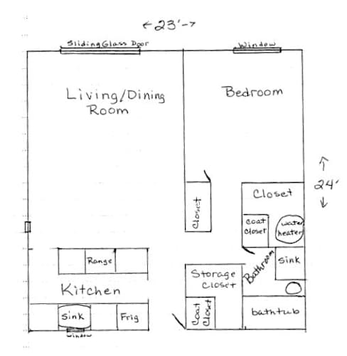 Floor Plan  A drawing of a floor plan for a home with a living/dining room, kitchen, and bedroom.