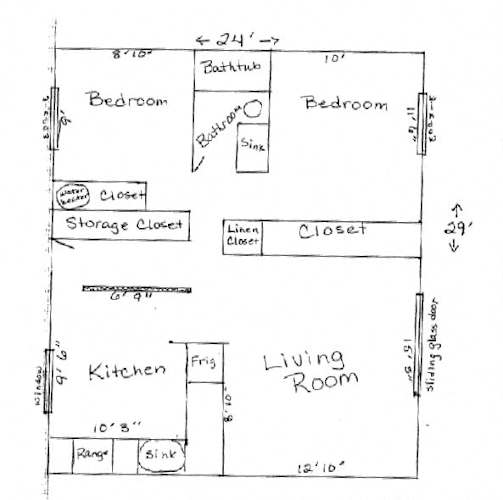 Floor Plan  A hand-drawn floor plan of a small apartment with two bedrooms, a living room, kitchen, and storage closet.
