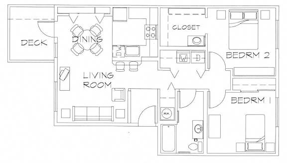 Floor Plan  A floor plan of a small apartment with one bedroom, living room, and kitchen.
