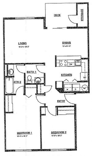 Floor Plan  A floor plan of a house with two bedrooms, a living room, a dining room, a kitchen, two bathrooms, and a deck.