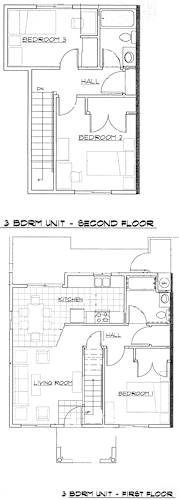 Floor Plan  A set of three floor plans for a 3 bedroom unit, one for the first floor and two for the second floor.