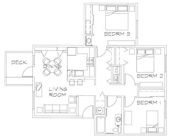 Floor Plan  A floor plan of a house with three bedrooms, a living room, a dining area, and a deck.