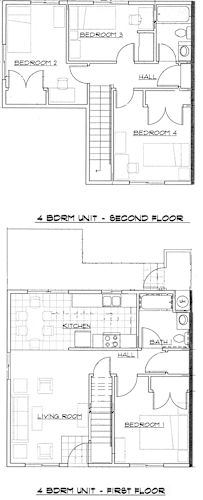 Floor Plan  A floor plan of a 4 bedroom unit with a living room, kitchen, and bathroom.