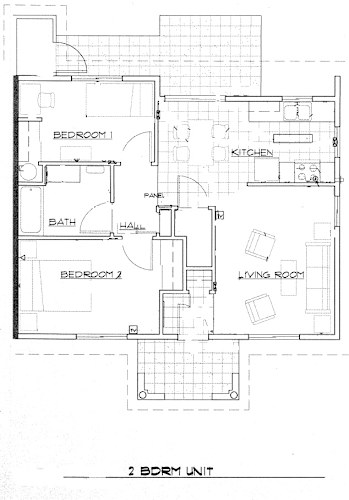 Floor Plan  A floor plan of a 2 bedroom unit with a living room, kitchen, bath, and hallway.